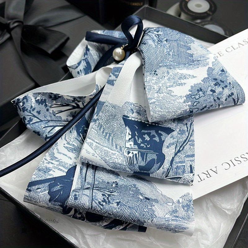 New Handmade Blue Willow Hair Claw Clip Layered Bow Chinese Ink Print Shark Clip with Silk Ribbon Vintage Hair Accessories Women