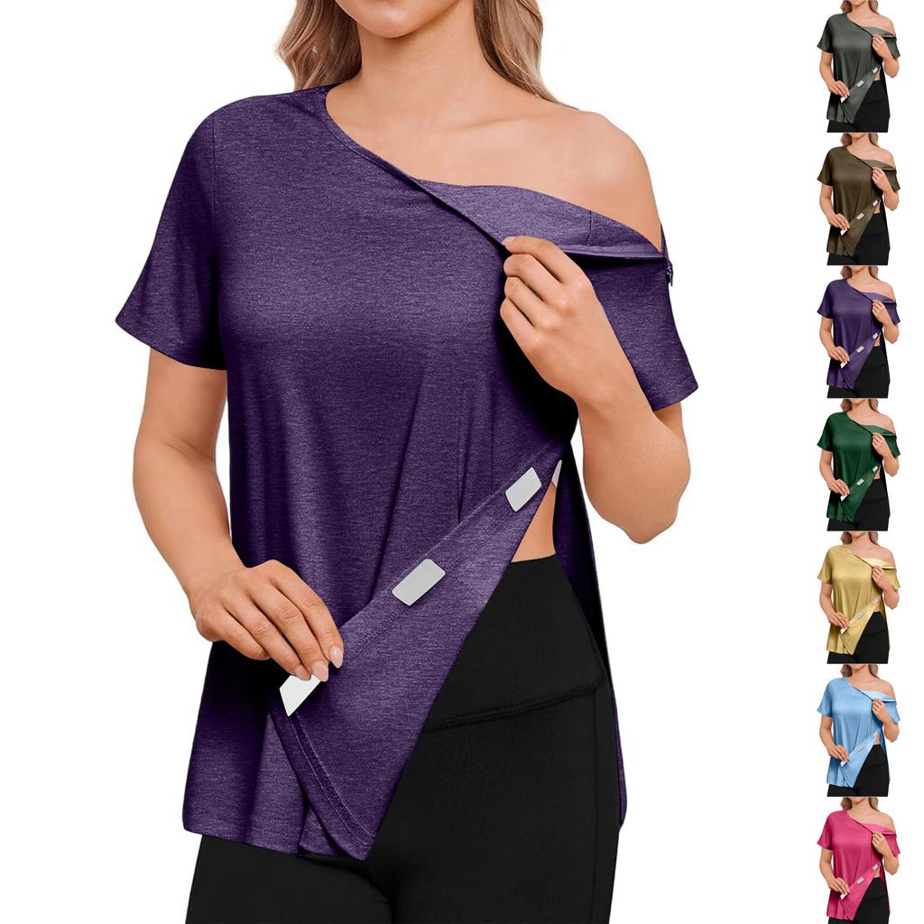 Camicia Colorata Manica Corta Post-operatoria da Donna con Zip sulla Spalla e Chiusura Laterale.