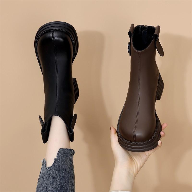 Female Short Shoes Platform Women's Ankle Boots Chelsea Brown Booties Round Toe Leather Chunky Boots