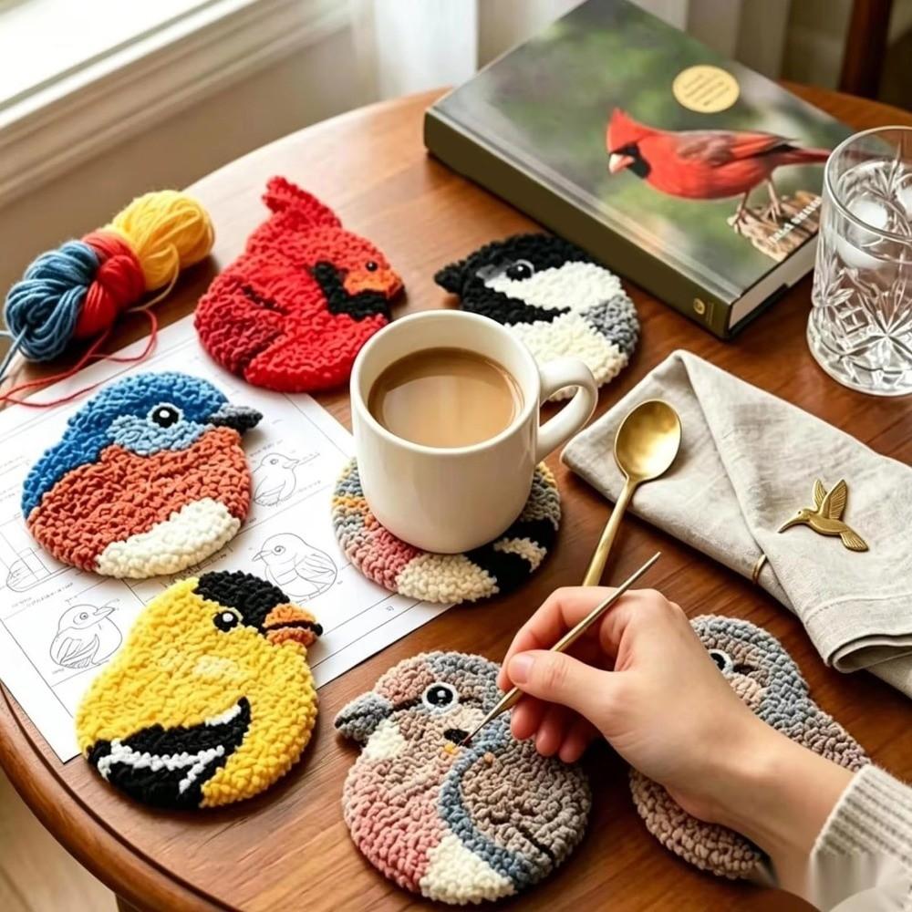 Soft Bird Coasters Punch Needle Kit Handmade Bird Coaster Kit Embroidery Coaster Kit for Beginners