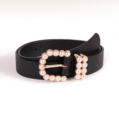 New Pearl Buckle Black Women's Belt Women's Rhinestones Inlaid with Daily Versatile Belt
