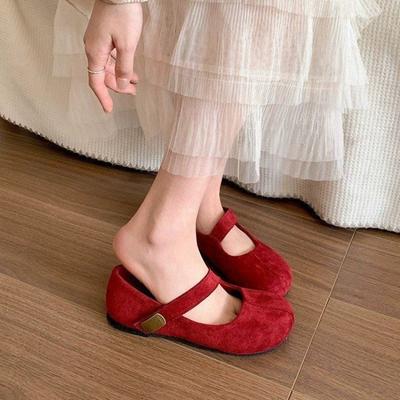 Rote Retro-Stil Rundkopf Flachmund Flachsohle Einzelne Schuhe Damen Neu Herbst Weichsohle Mary Jane Schuhe
