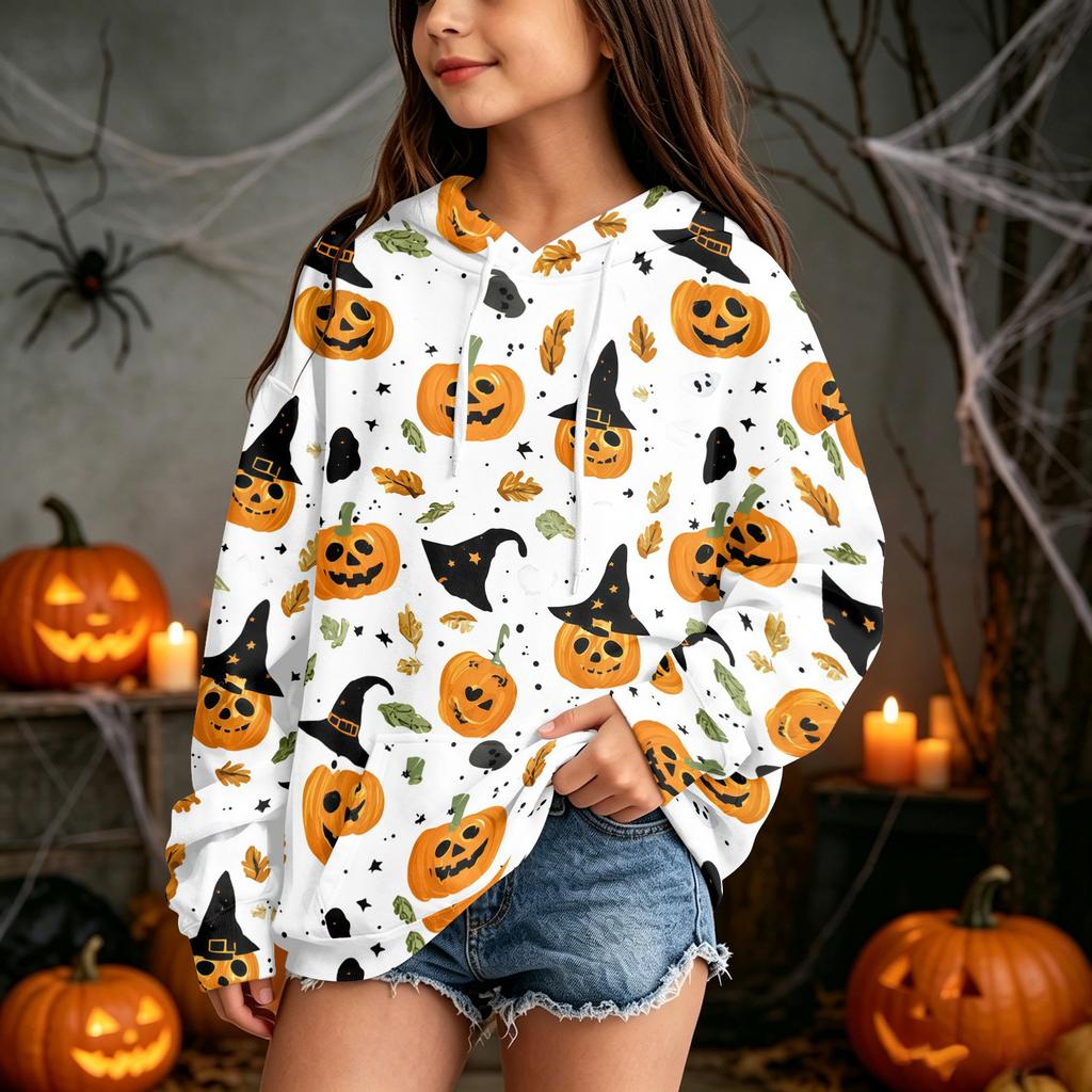 Kids Halloween Print Hoodie Pullover Sweatshirt for Boys Girls Casual Wear