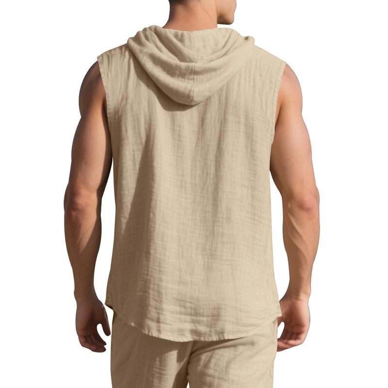 2025 Summer Mens Sleeveless Shirt New Men Loose Casual Linen Hooded Shirt Male Thin Waistcoat Male Trendy Casual Shirt