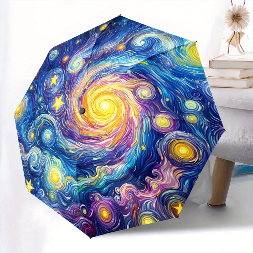 Automatic Open/Close Umbrella with One-Touch Button - Van Gogh Starry Night Design, Compact Folding Umbrella with 8-Rib Strong