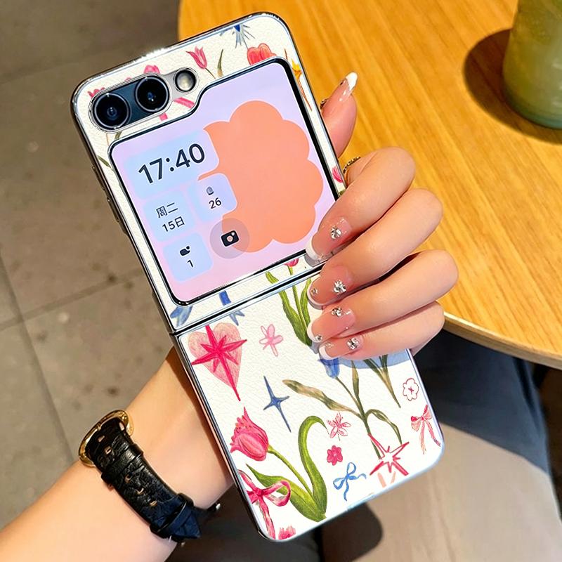 Little Floral Pattern Case For Samsung Galaxy Z FlIP 7 FE 6 5 Z Flip7 Flip6 Flip5 Luxury Plating PC+PU Leather Hybrid Folding Phone Cover