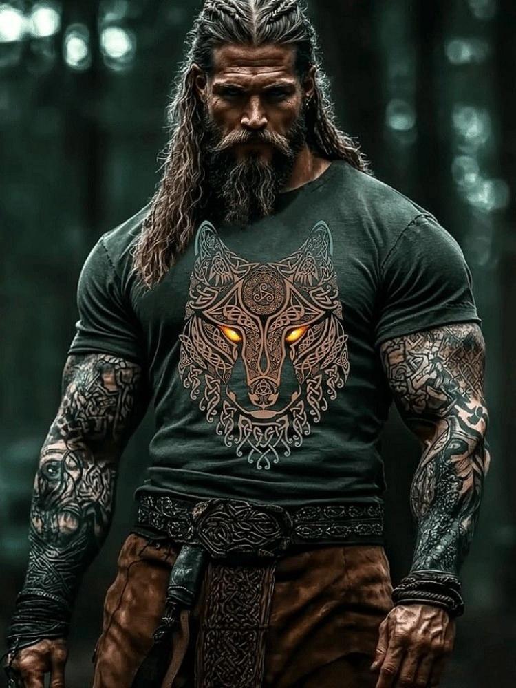Outdoor Fashion Men's T-shirt with 3D Print of Tribal Style Wolf Pattern, Short Sleeve, Fitness and Sports Round-neck Top