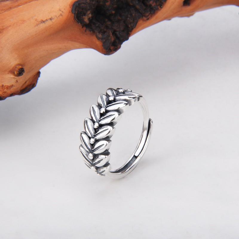 Adjustable Sterling Wheat Ring Women Men Vintage Floral Band Stackable Finger