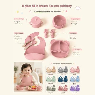 Silicone Baby Tableware Set: 8-Piece Food-Grade Dinner Plate, Bowl, and Cup