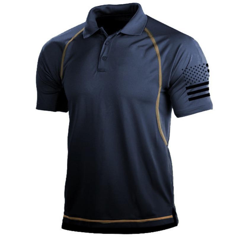 Men Outdoor Flag Print Short Sleeve Lapel Polo Shirt