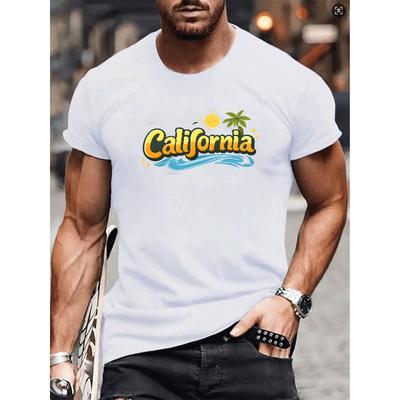 European Sizes "California" Palm Tree Wave Sun Print, Men's Wear, Spring New Release, Short-sleeved Top