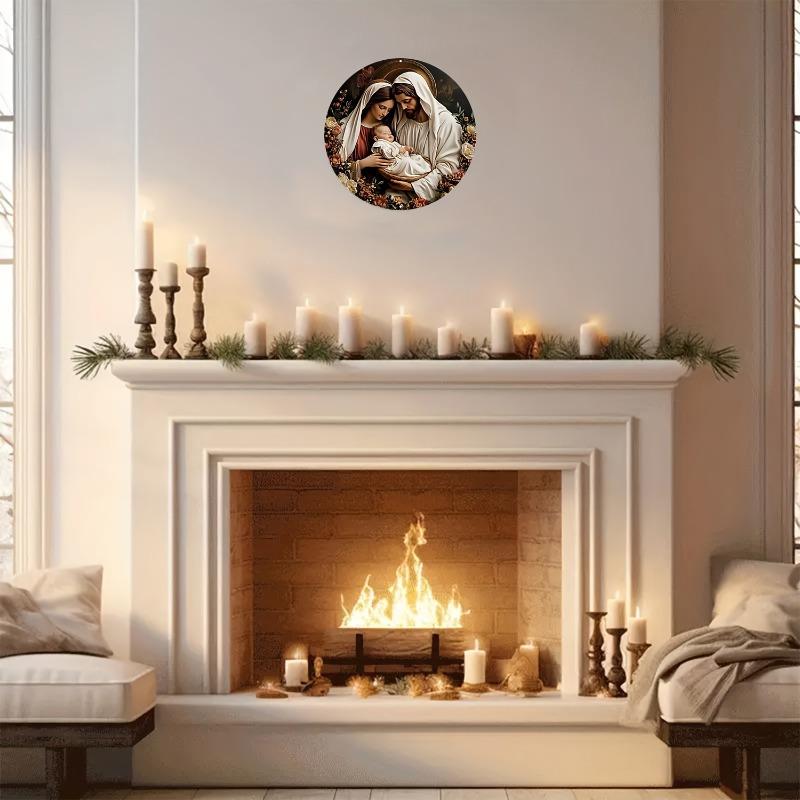 Creative "Holy Family" Round 2D Wood Logo, Garland Decoration, Home Gifts, Living Room, Bar, Cafe, Round Holiday Art Deco, Simple and Stylish Toilet