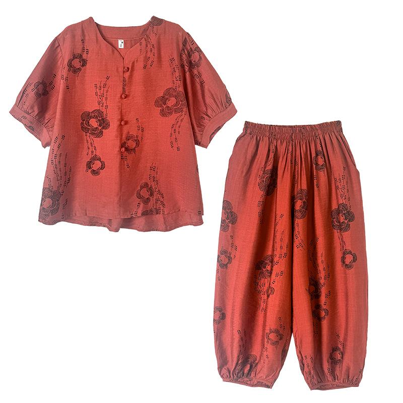 2026 Ethnic Style Tencel Linen Embroidery Women's Plus Size Summer Suit: Loose Slimming T-shirt + Pants Set