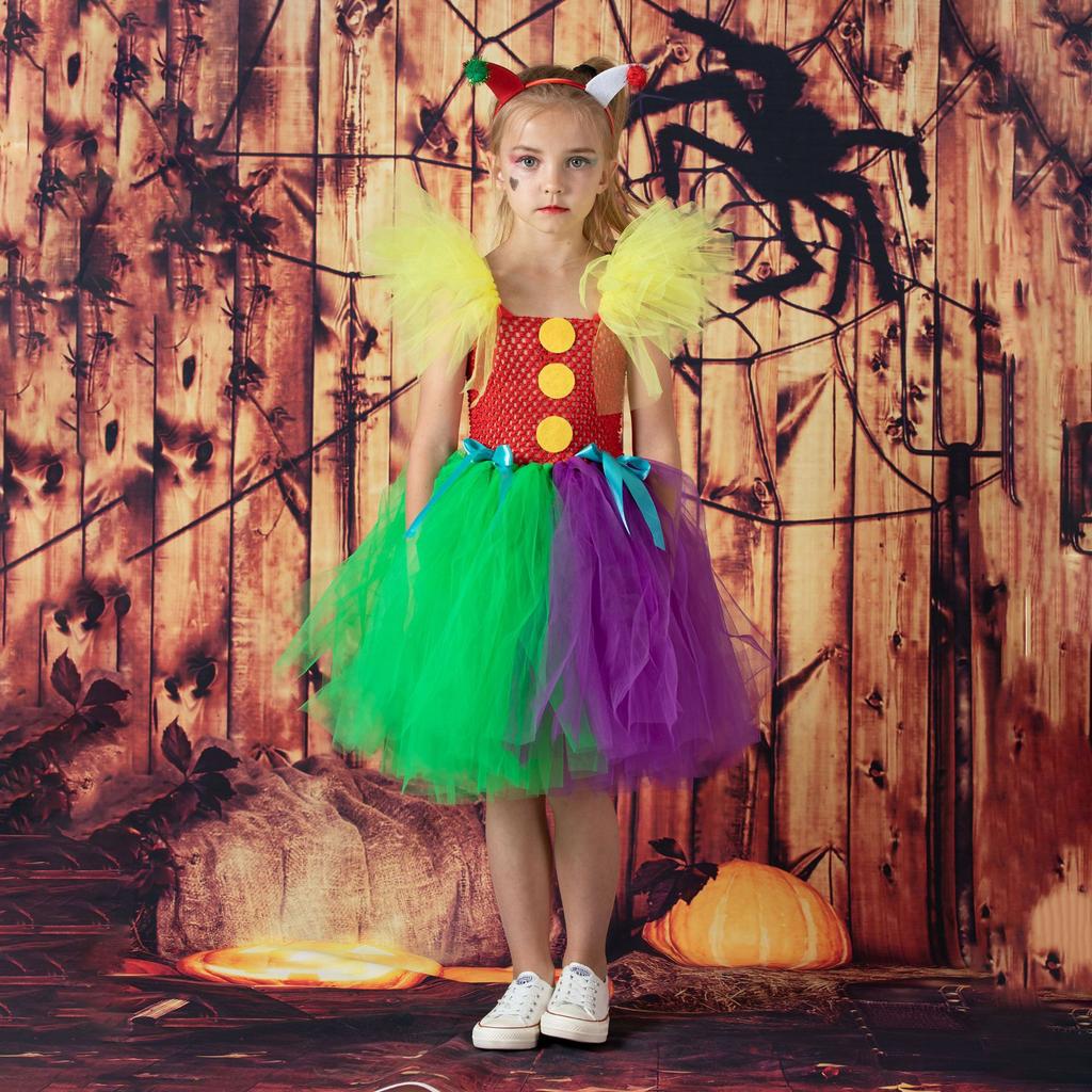2025 Clown Suit Children's Mesh Princess Dress TUTU Girls Dress Christmas Halloween Show Costume