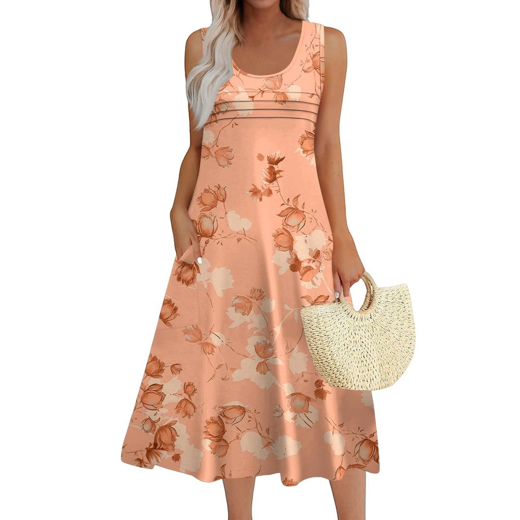 Women's Fashion Round Neck Sleeveless Pleated Beach Dress With Pockets Long Floral Dresses