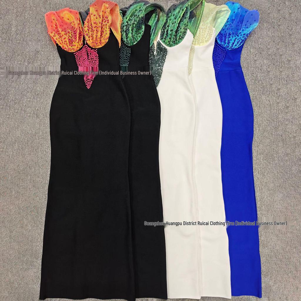 Rochie de seară elegantă franțuzească cu bandaj cu perle mărgelate 2025