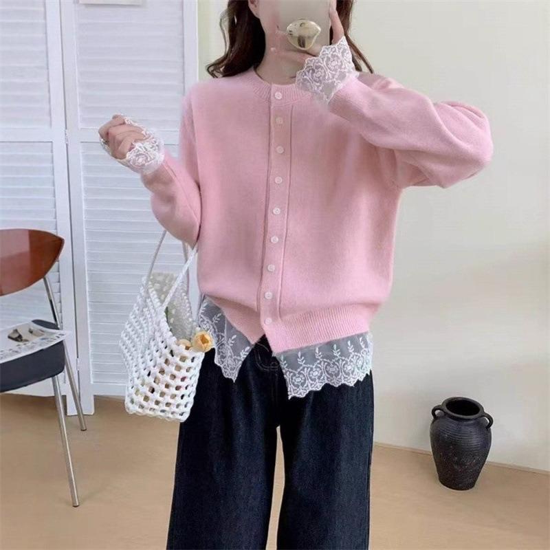 Autumn New Knitted Sweater Fashionable Versatile Splicing Lace Top Lace-up Design Cardigan Jacket Women