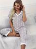 V-neck Star Print Pajama Set for Women - Short Sleeve & Loose Fit Pants