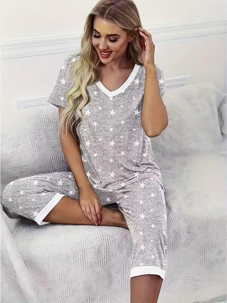 V-neck Star Print Pajama Set for Women - Short Sleeve & Loose Fit Pants