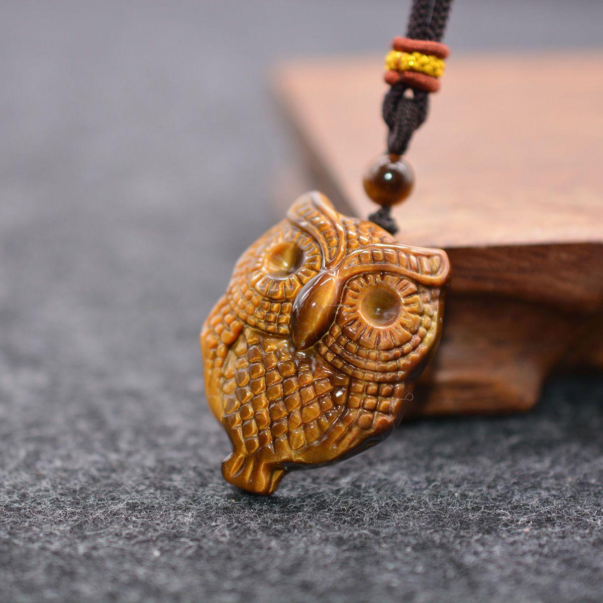 Natural Tiger Eye Owl Pendant Necklace, Wood Stone Jewelry 1108