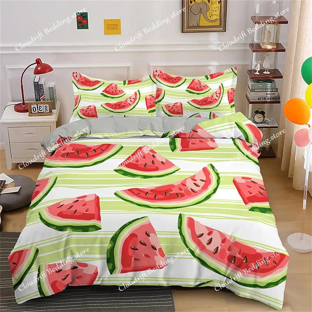 Watermelon Duvet Cover Set Green And Red Colour Polyester Comforter Cover King Queen Full Size For Kids Teens Adults Bedding Set