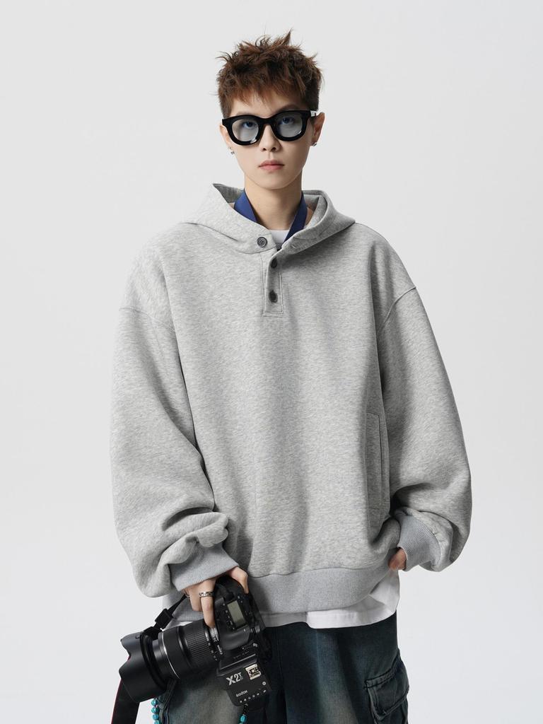 Unisex Retro Heavyweight Fleece-Lined Button-Up Hoodie: Trendy and Loose Fit