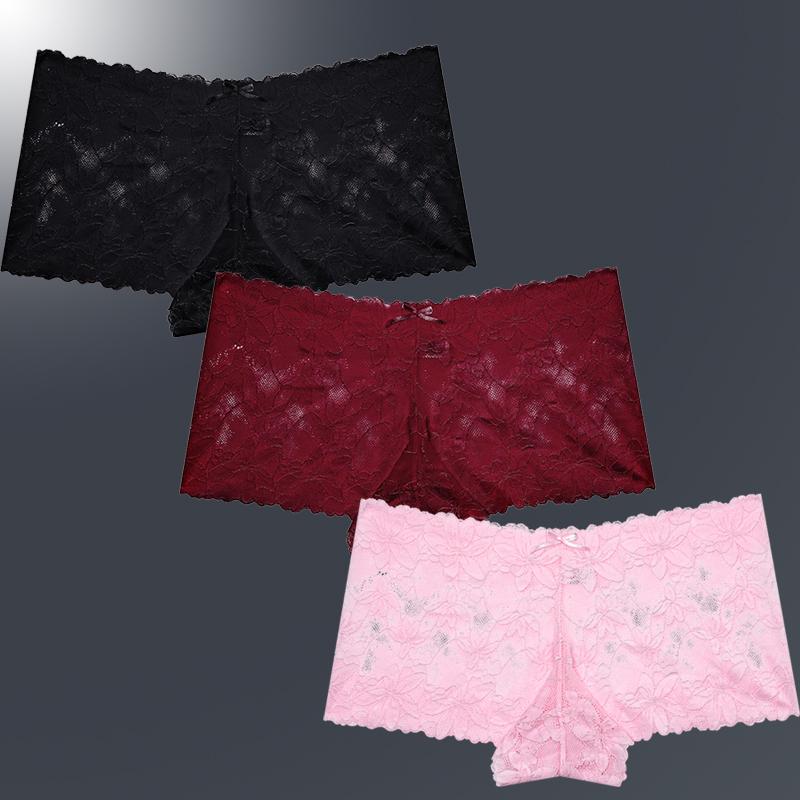 3ks/Sada Dámské Sexy Krajkové Kalhotky Průhledné Spodní Prádlo s Květinovými Listy V-Pas Boyshort pro Ženy Měkké Intimní Prádlo