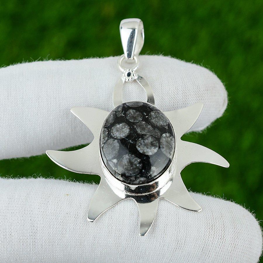 Oval Root Chakra Black Fossil Coral Gemstone 925 Silver Sister Birthday Pendant