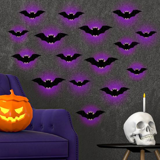 16 Pcs Lighted 3D Bat Sticker LED Halloween Bat Decorative Wall Sticker Light Up Glowing Bat Clings for Bedroom Window Wall Decor