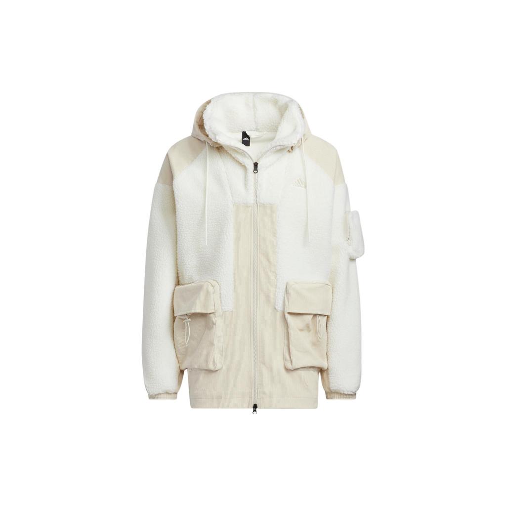 Adidas Patch Detail Knit Jacket With Sherpa Fleece Panel And Zip Hood Men Jackets White HN9017