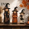 Rustic Halloween Home Decor Vintage Wooden Witch Figurine, Statues with Hand Painted Figurine Sets Broom Pumpkin Black Cat, Fall Farmhouse Tabletop