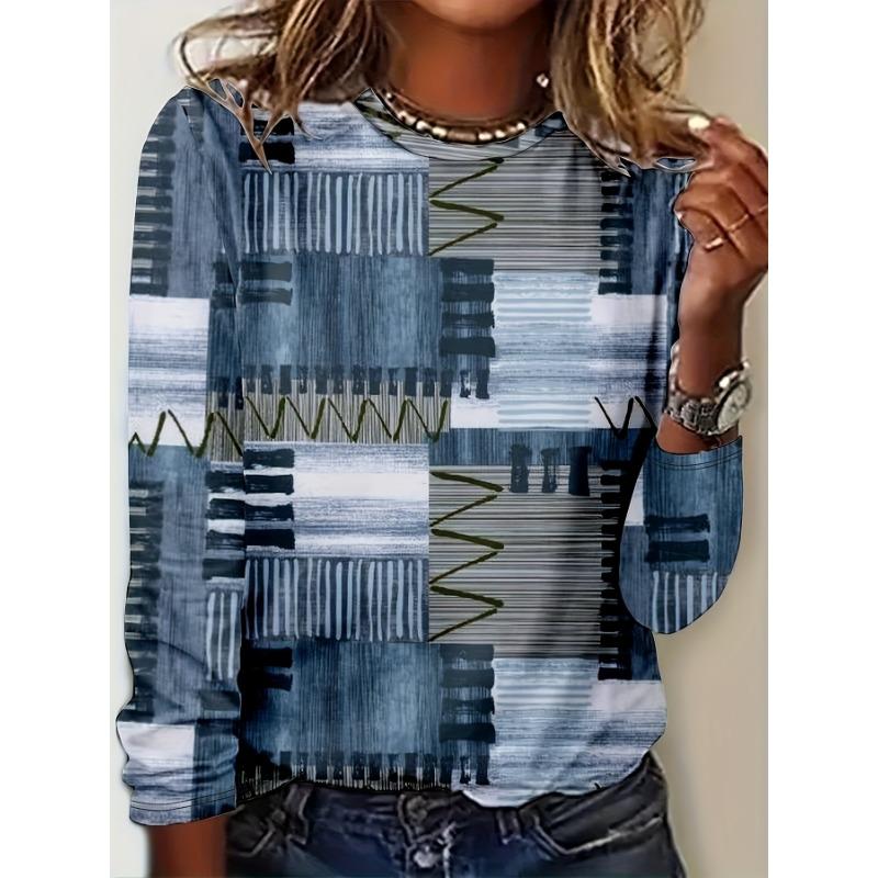 

Retro printed casual long-sleeved T-shirt with medium elastic 180g thin fabric, machine washable, a must-have for spring, summer and autumn S