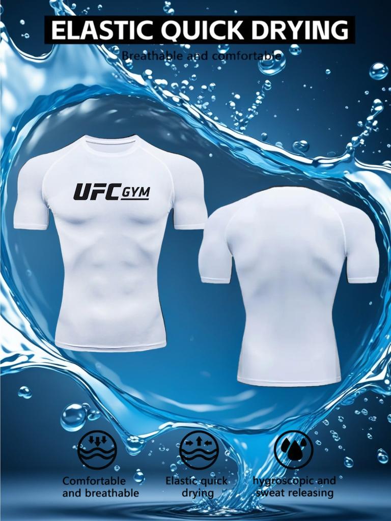 Men's Compression Shirt Quick Dry Gray Gym T-Shirt UFC GYM Print Workout Sportswear