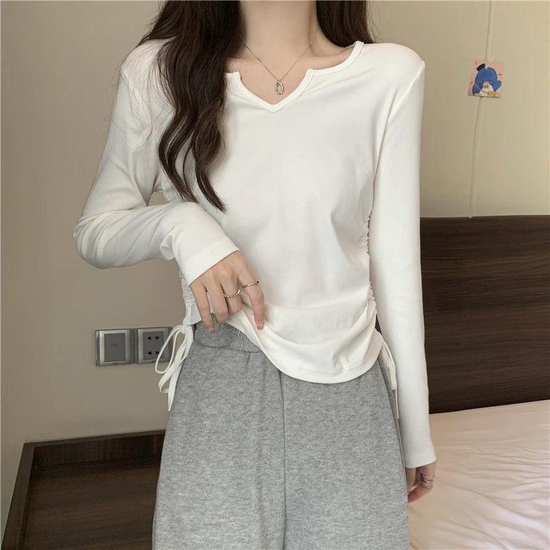 

Women s Plus Size V-Neck Drawstring Long-Sleeve T-Shirt - Slimming, Versatile, Fashionable Base Layer for Spring/Autumn 2XL (141-160 lbs) белый