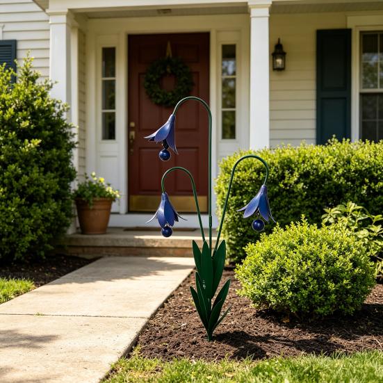 Triple Bluebells Garden Stake with Bells, Handmade Metal Flower Yard Art, Rustic Decorative Outdoor Wind Bell Stakes for Lawn Patio Outdoor Decor