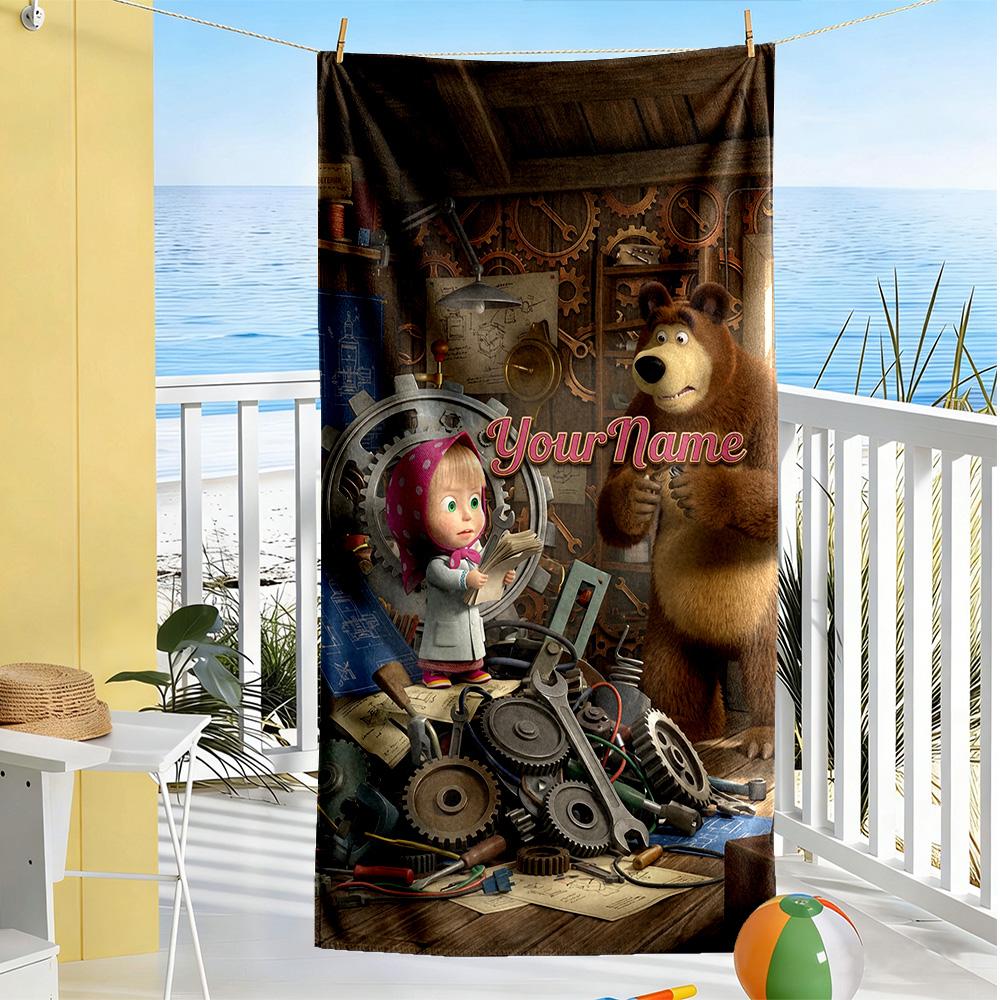Masha Bear Customize Your Name Beach Towel Super Soft Microfiber Quickdry Fabric Perfect for Traveling Yoga Camping and Swimming