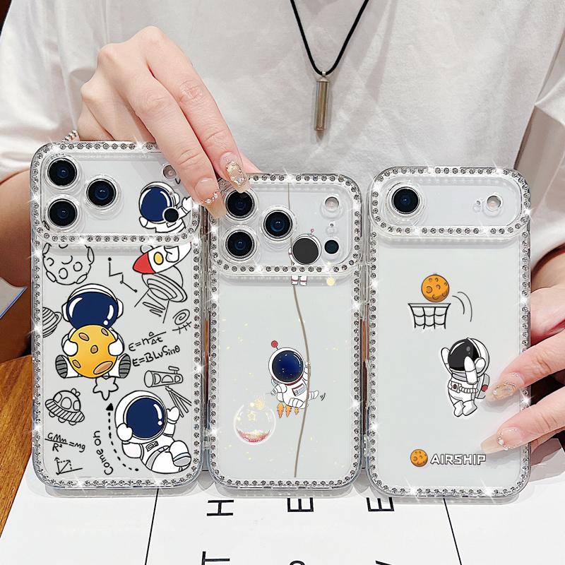 Diamond Astronaut Pattern Phone Case For iPhone 16e 17 Air 16 15 14 Pro Max 13 17 Pro Max 17 16 15 Plus Shockproof Bling Diamond TPU Soft Cover