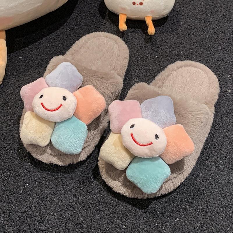 Cute Girls Winter Fur Slippers Fashion Flower Trend Kids Cotton Shoes Non-slip Soft Fluffy Versatile Children Warm Home Slippers