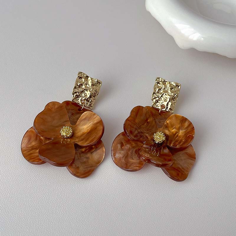 Fashion Green Resin Flower Drop Earrings for Women Vintage Metal Geometric Petal Statement Earrings Party Jewelry Accessories