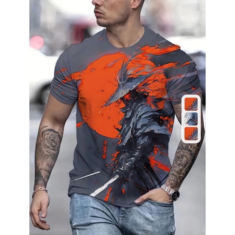 Japanese Warrior Print Men s T-Shirt Short Sleeve Breathable Regular Fit Funny Graphic Tee Hip Hop Style Top For Gym Running And Casual Outing S