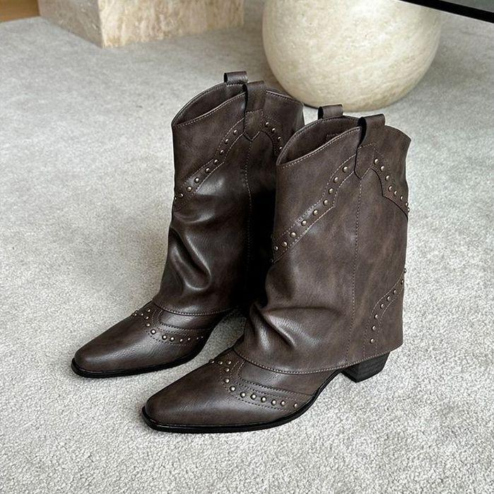 Autumn New Pants Boots Women's Short Boots Niche Design Retro Rivet Thick Heel Western Cowboy Boots Medium Tube Martin Boots