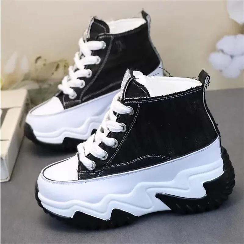 Fashion Fashion Women Chunky Platform Motorcycle Boots Lace Up Thick Bottom Shoes Woman Autumn  Ankle Boots Denim canvas shoes