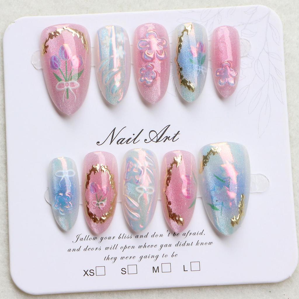 High-Grade 3D Almond Floral Press-On Nails - European & American Holiday Style