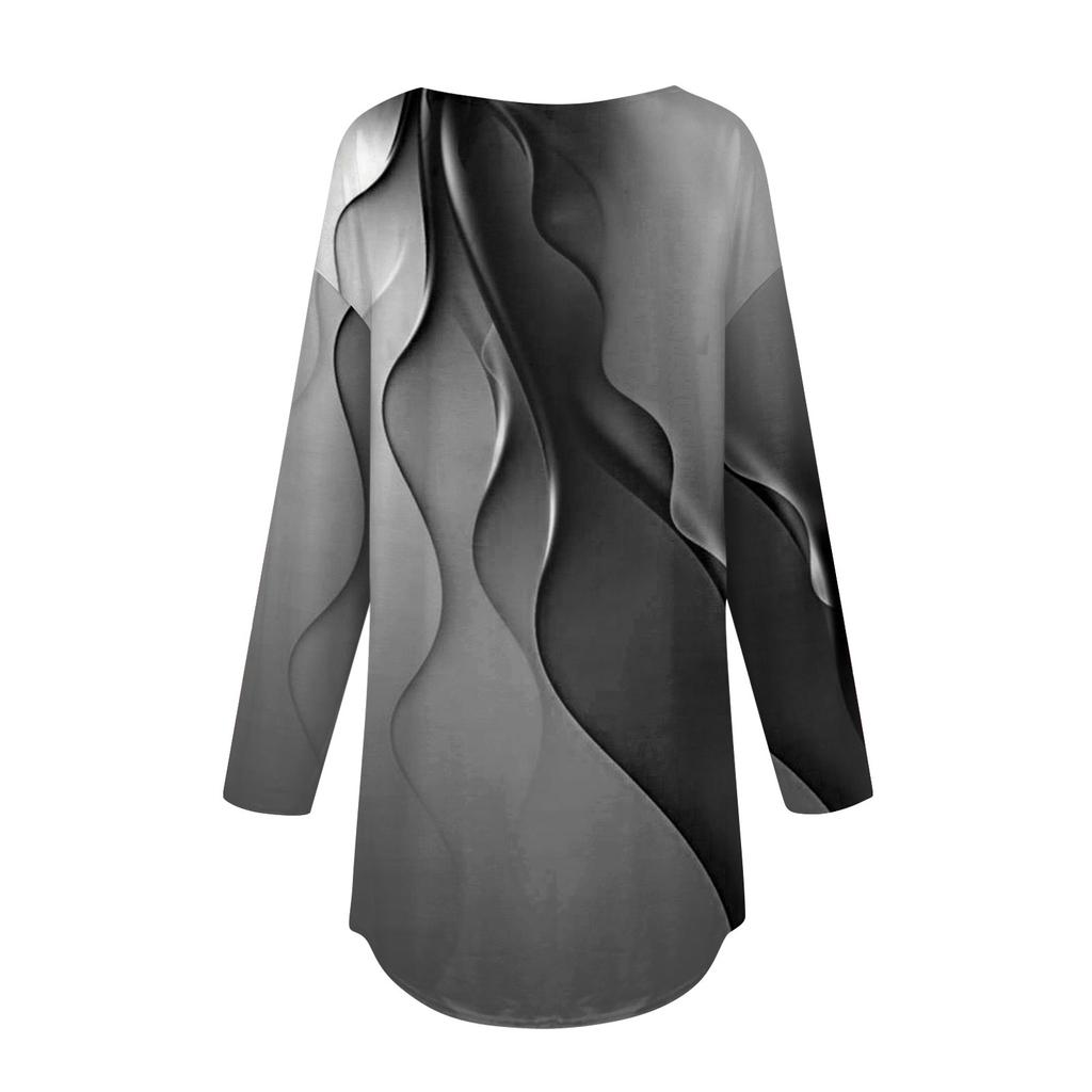 Women's Loose Round Neck Line Print Long Sleeve T-Shirt Top Pullover