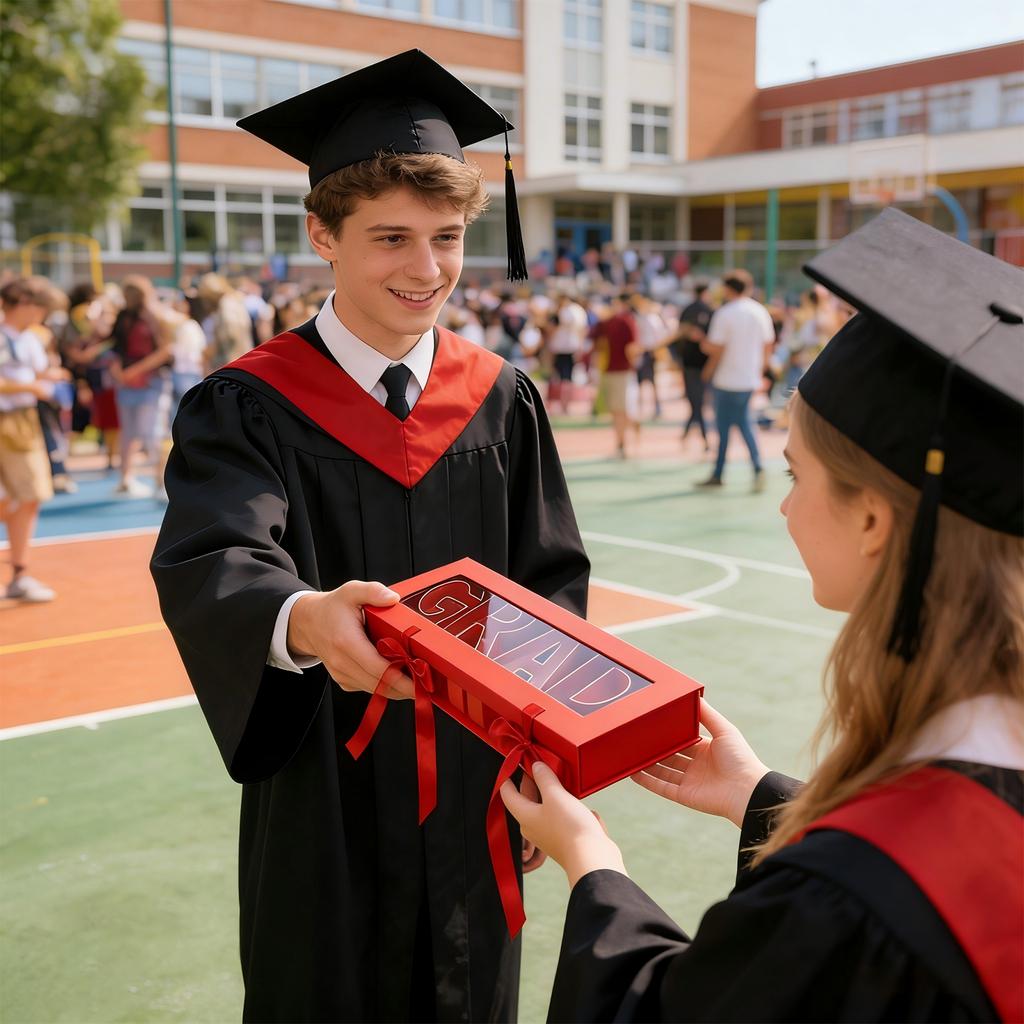 Rectangular Cardboard Gift Box with Transparent Lid and Ribbon Closure Graduation Theme Decorative Storage Box for Events