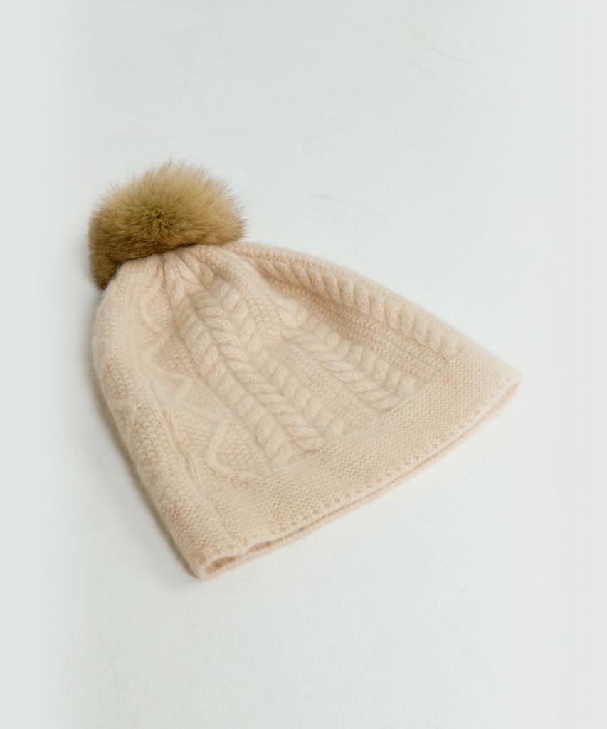 LEI AVERY Merino Wool Cable Pom-Pom Beanie (Beige)