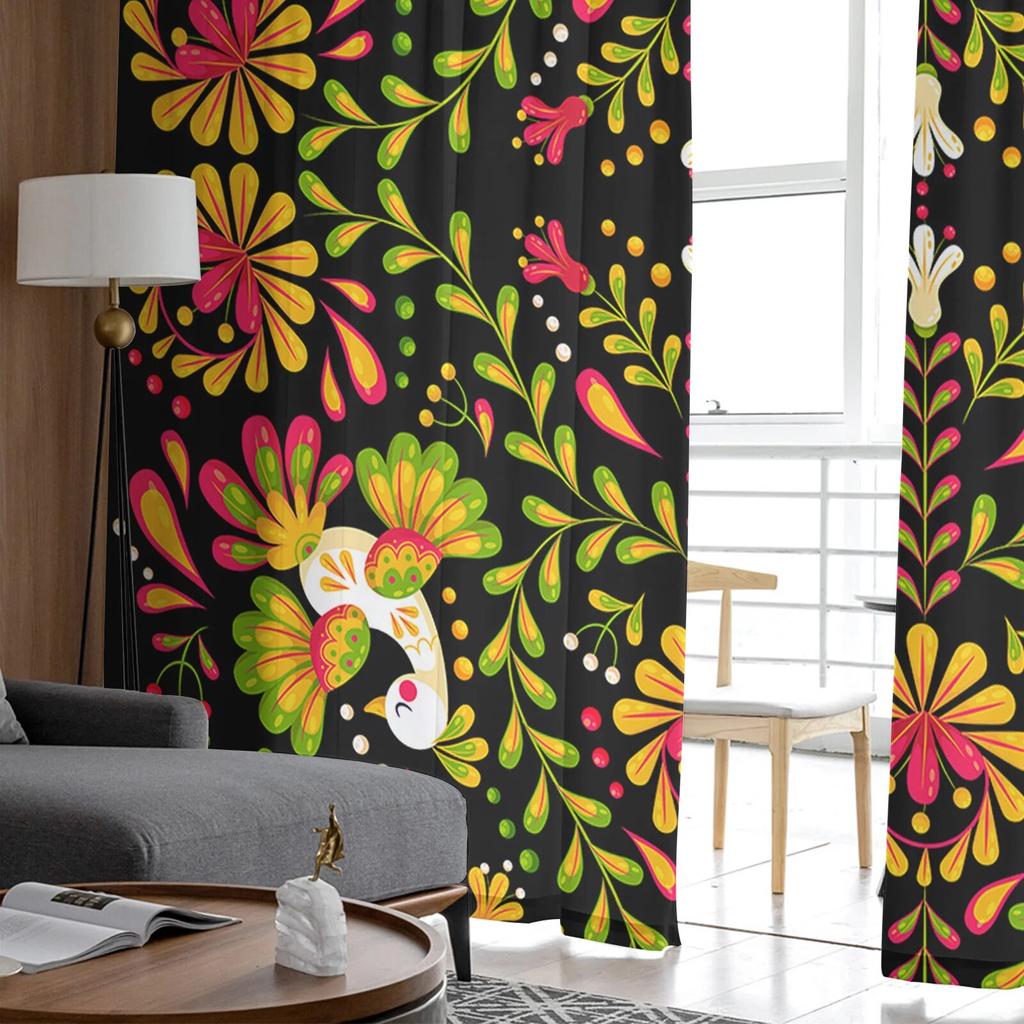 Mexican Geometric Flower Birds Bedroom Transparent Sheer Curtains Holiday Decoration Window Voile Tulle Curtain