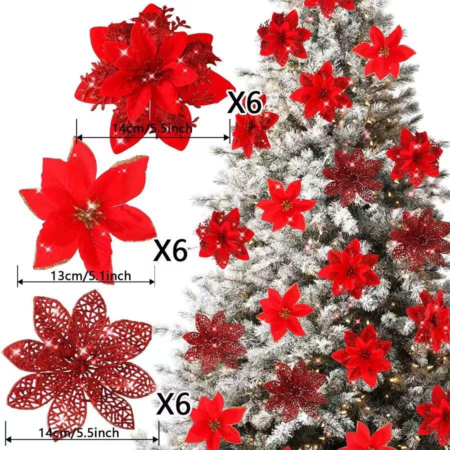 6-24 Stück 15cm Künstliche Weihnachtsblumen mit Clips Stielen, Weihnachtsbaumschmuck Glitzerblume für Girlande Neujahrsparty Dekoration