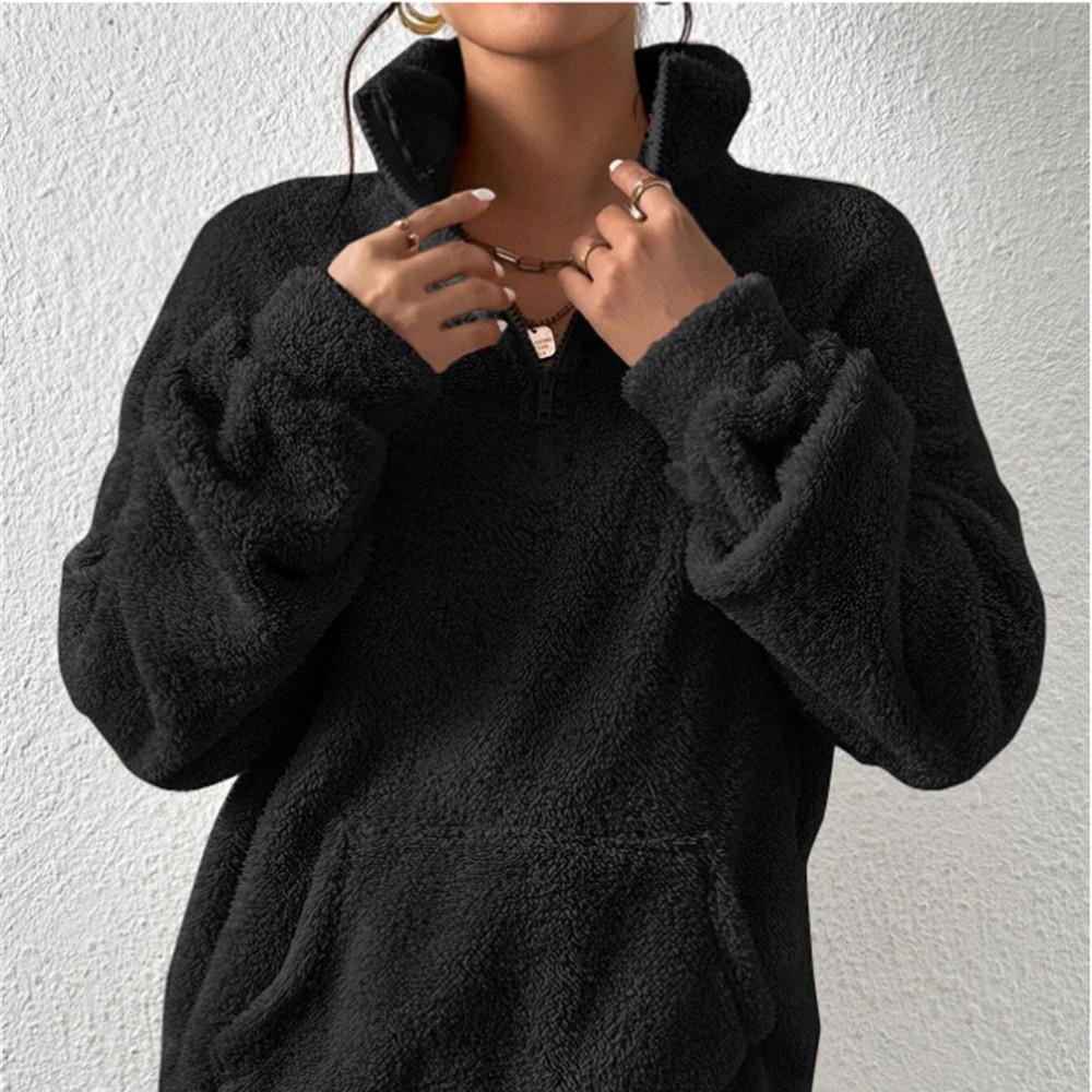 New Women's Plush Lined Stand Collar Sweatshirt, Half Zip Casual Pullover Top with Fleece Lining for Autumn Winter Warm Sports Wear
