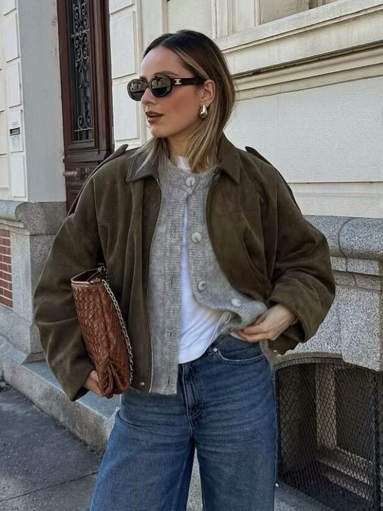 Autumn Casual Velvet Texture Stand Collar Flight Jacket Women's